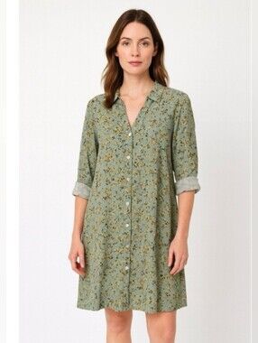 J. Jill Printed Tunic Button Front Floral Shirt Dress Sage Green M Cottagecore
